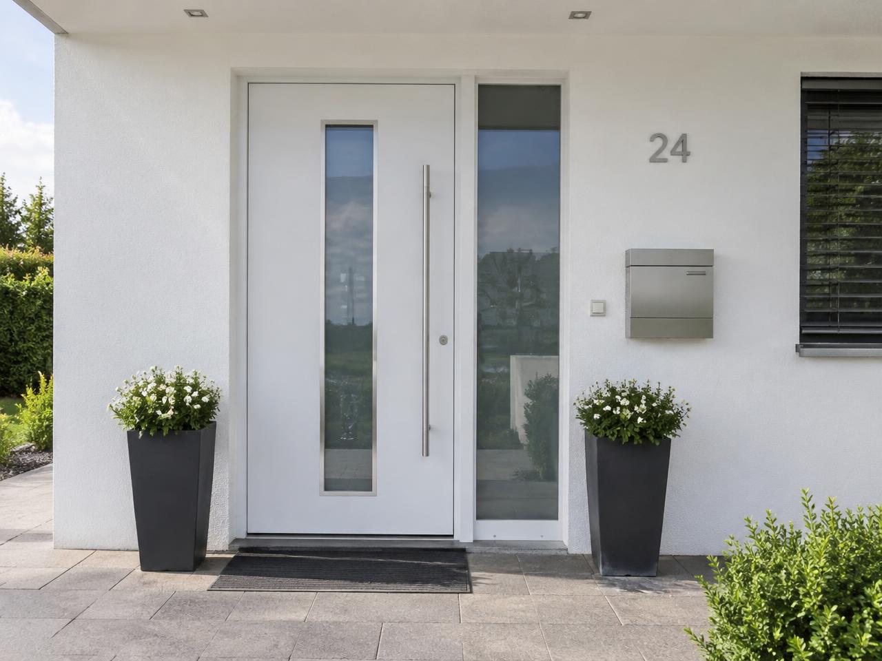 Porte d’entrée vitrée blanche posée après rénovation