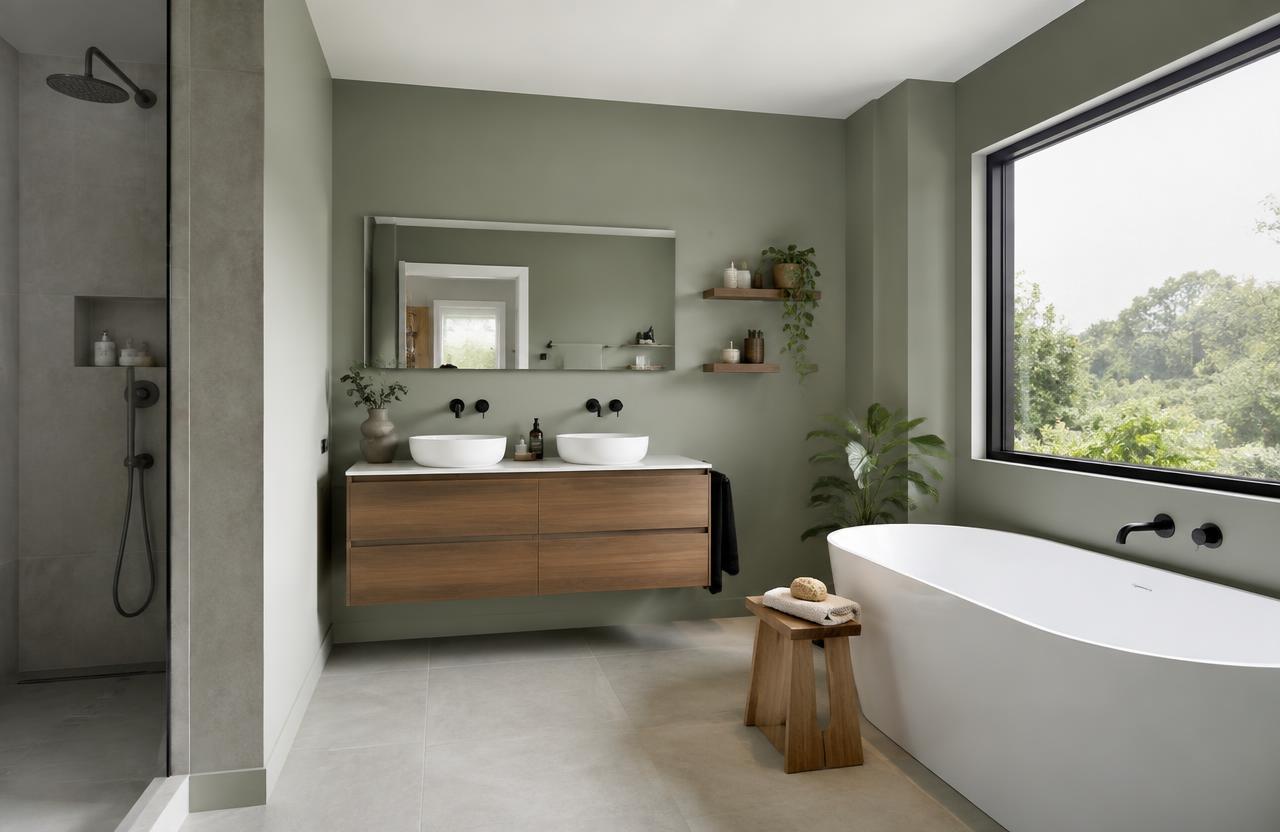 Salle de bain rénovée avec carrelage grand format et finitions soignées