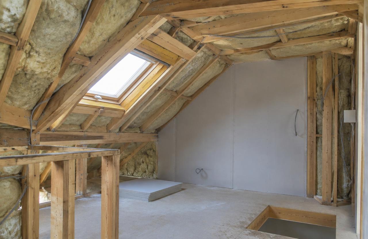 Combles en cours de transformation avec charpente, isolation et cloisons