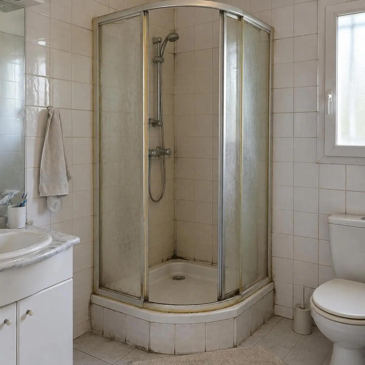 Photo d’illustration : salle d’eau ancienne, cabine de douche d’angle aux parois ternies, carrelage blanc et meuble vasque d’origine