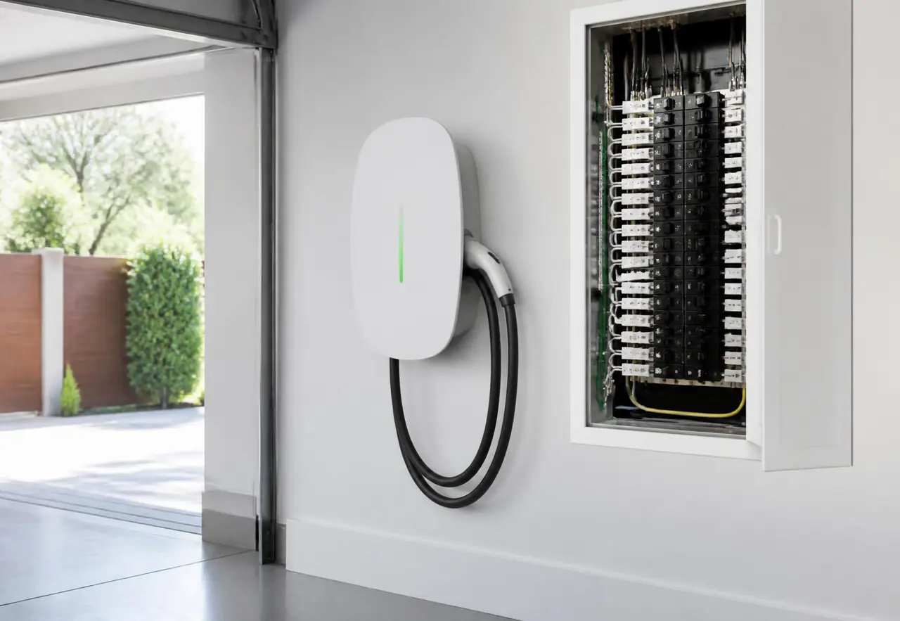 Photo d’illustration : borne murale de recharge fixée dans un garage, câble enroulé, à côté du tableau électrique
