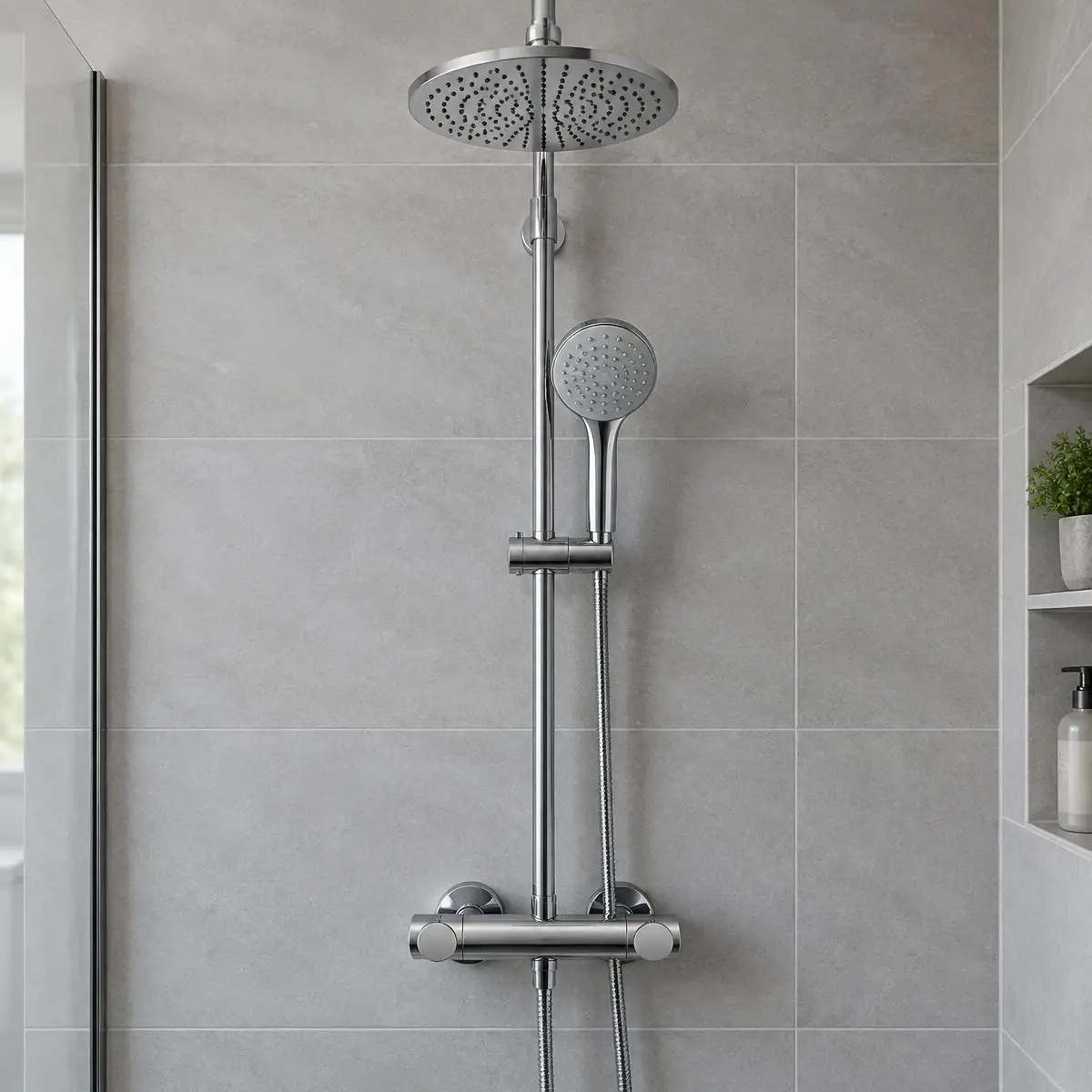 Photo d’illustration : colonne de douche thermostatique sur un mur en grands carreaux gris, niche de rangement carrelée