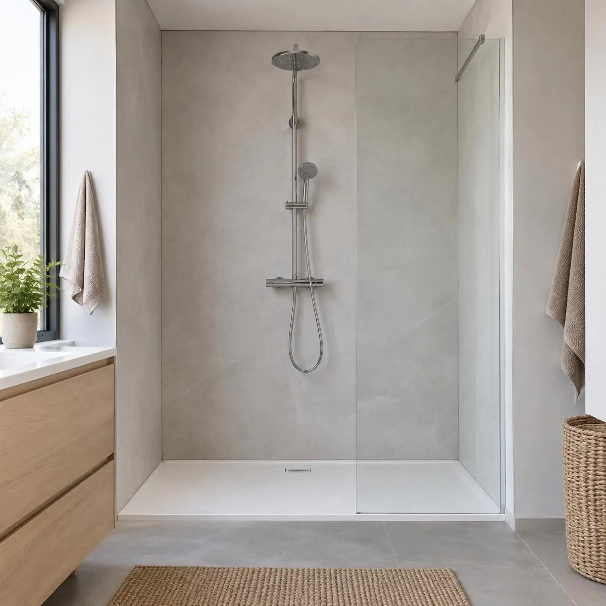 Photo d’illustration : douche de plain-pied fermée par une paroi vitrée, grands carreaux clairs, meuble vasque en bois